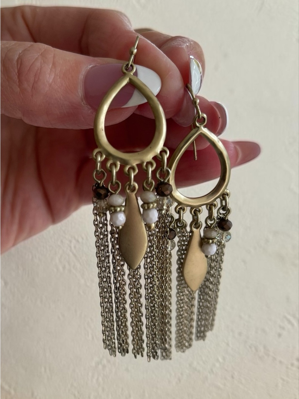 Boho Gold Tone Chain Fringe Chandelier Earrings Neutral Beads